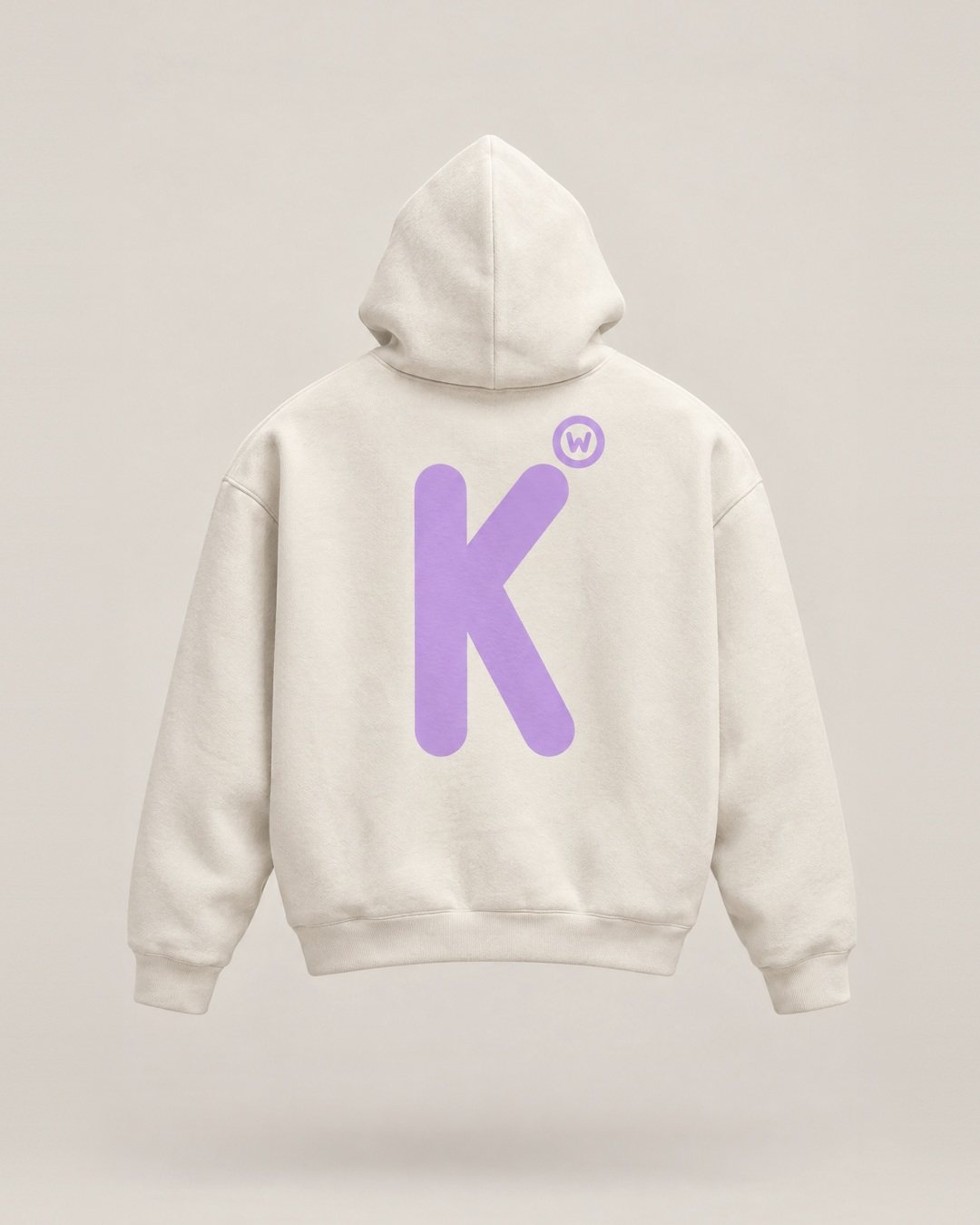 Hoodie, back view, with a large rounded K in lilac and a small circled W at the tip of its arm