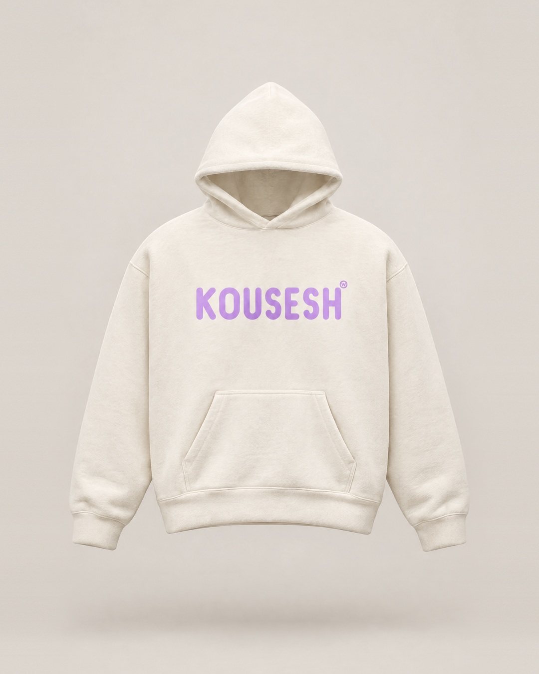 Hoodie, front view, with KOUSESH in rounded lilac letters across the chest