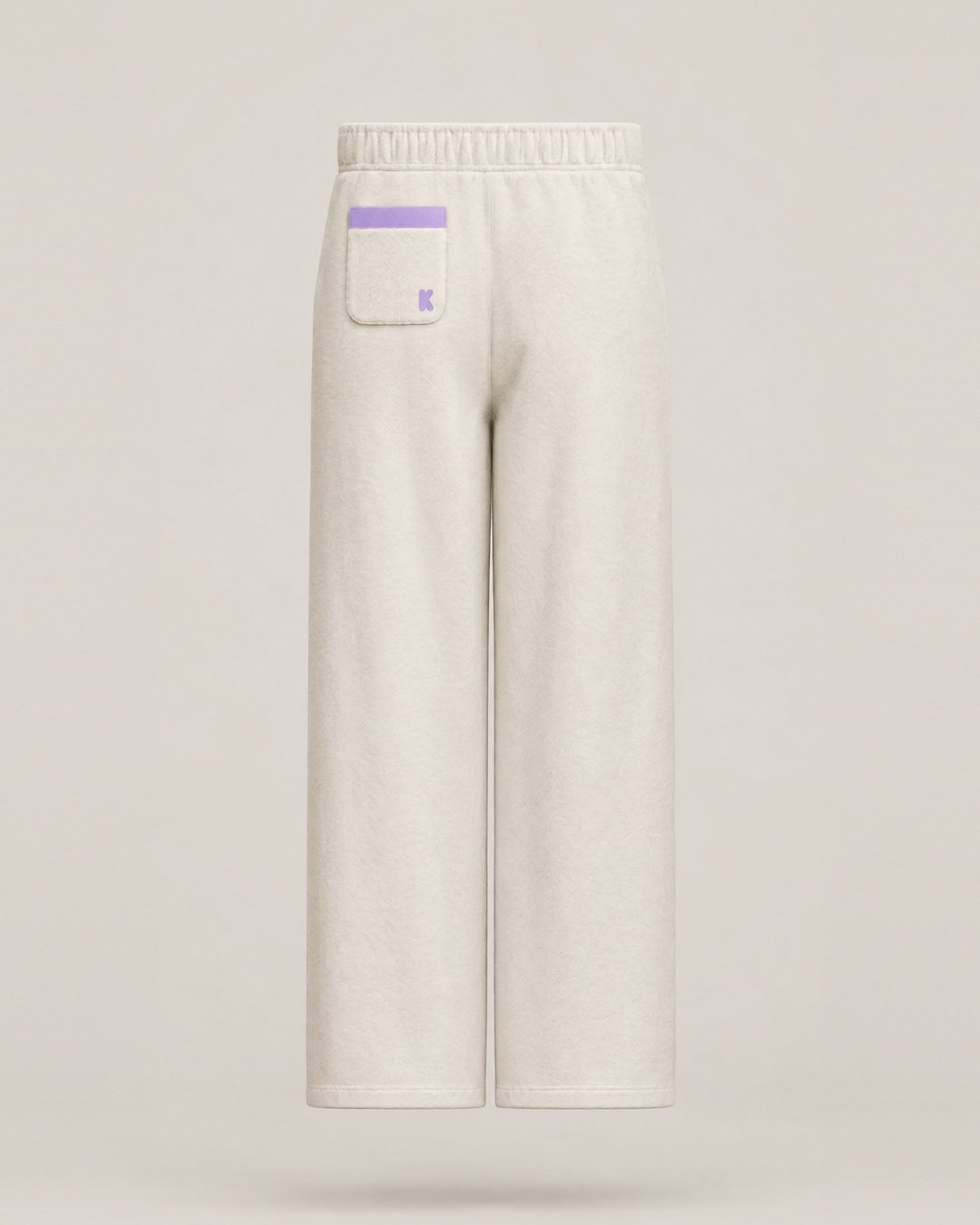 Sweatpants, back view, with a back pocket topped by a lilac band and a small lilac K in its corner