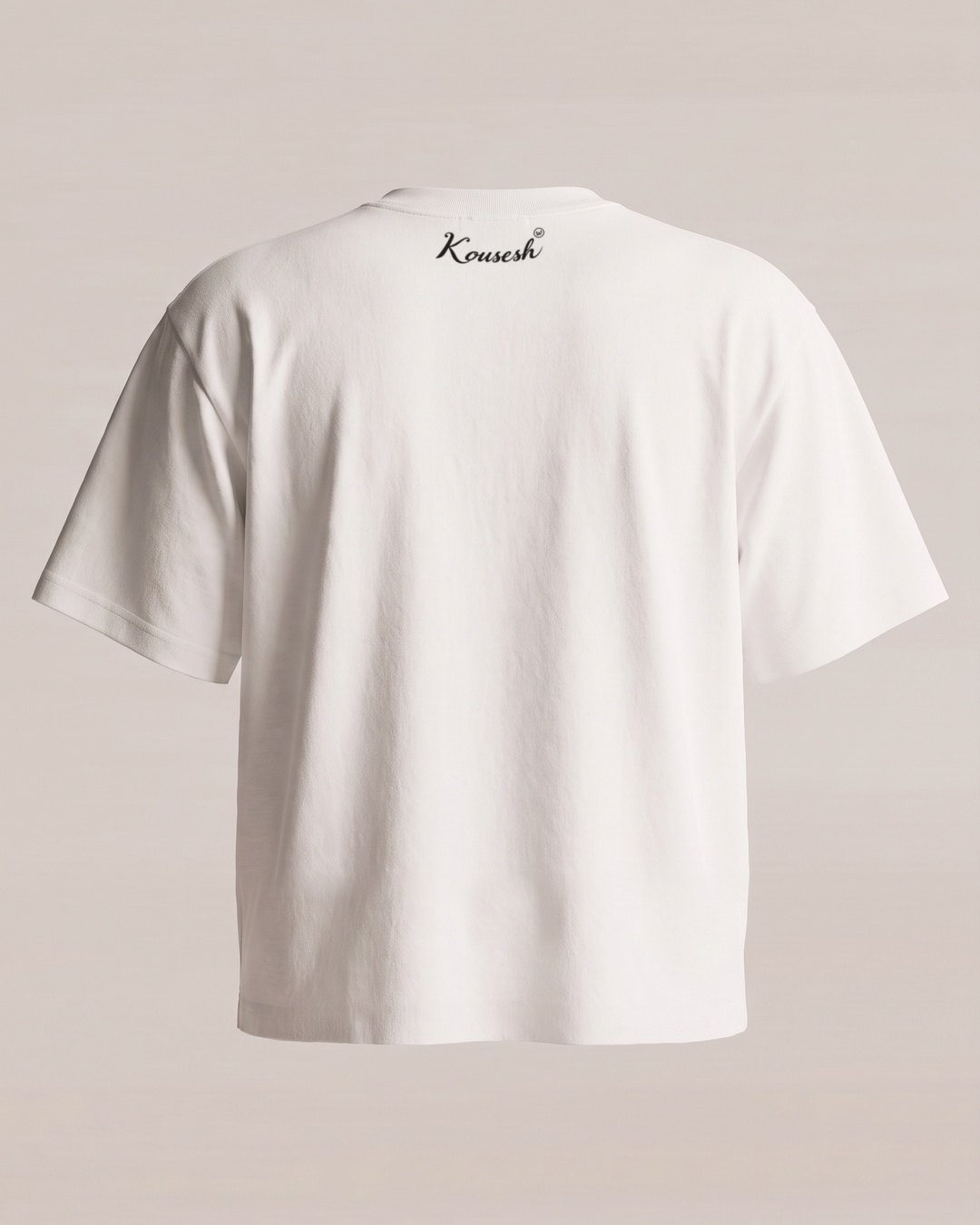 White tee, back, plain except for a small Kousesh in script just under the collar