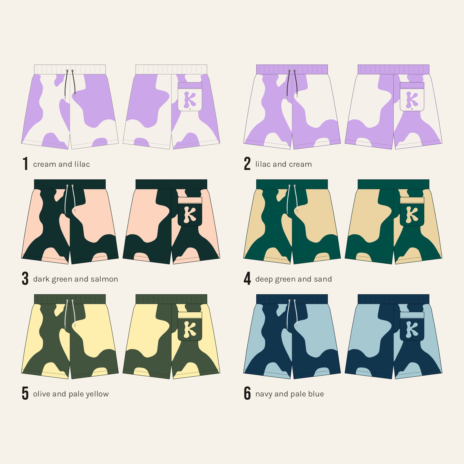Colours 1 to 6, each shown front and back, from cream and lilac to navy and pale blue