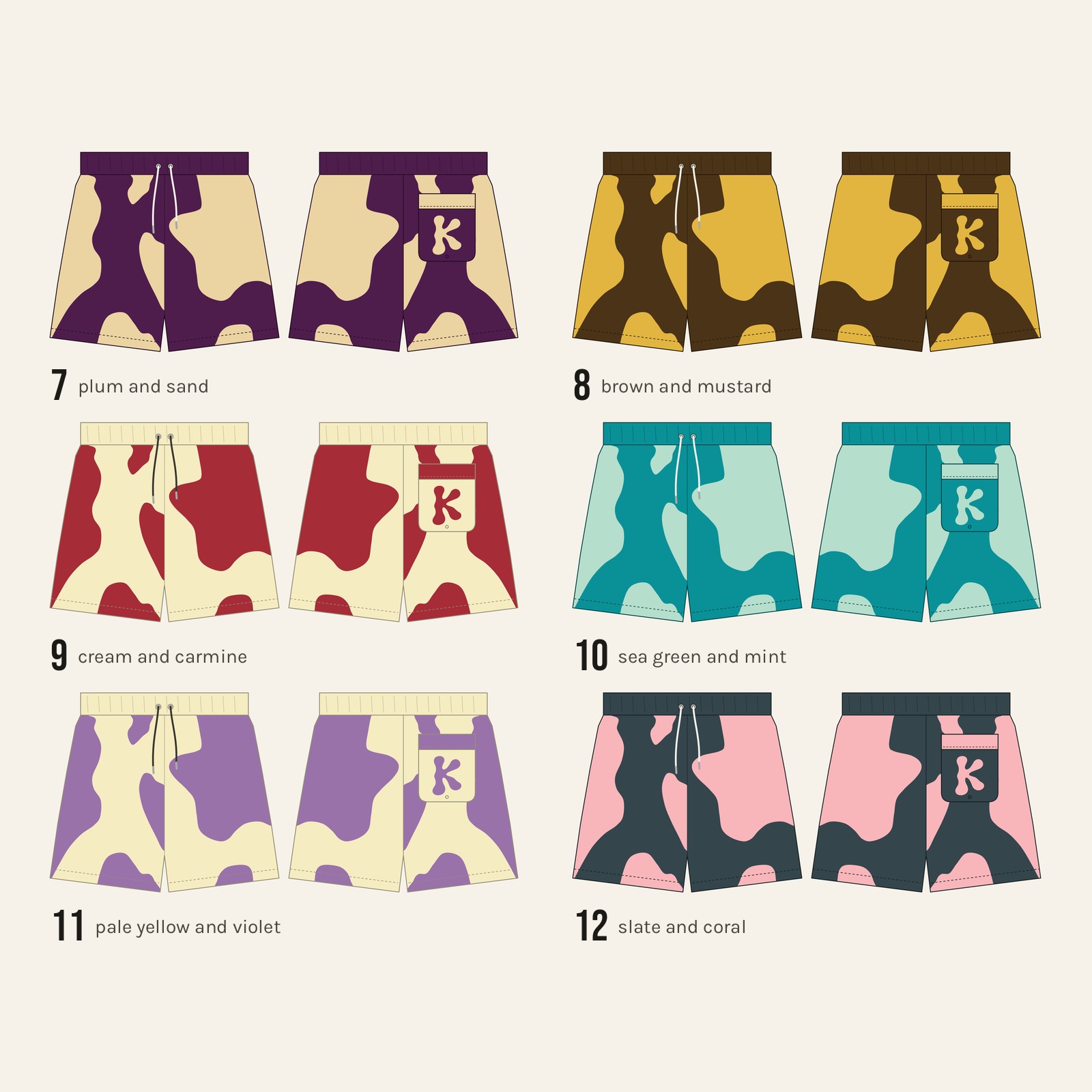 Colours 7 to 12, each shown front and back, from plum and sand to slate and coral