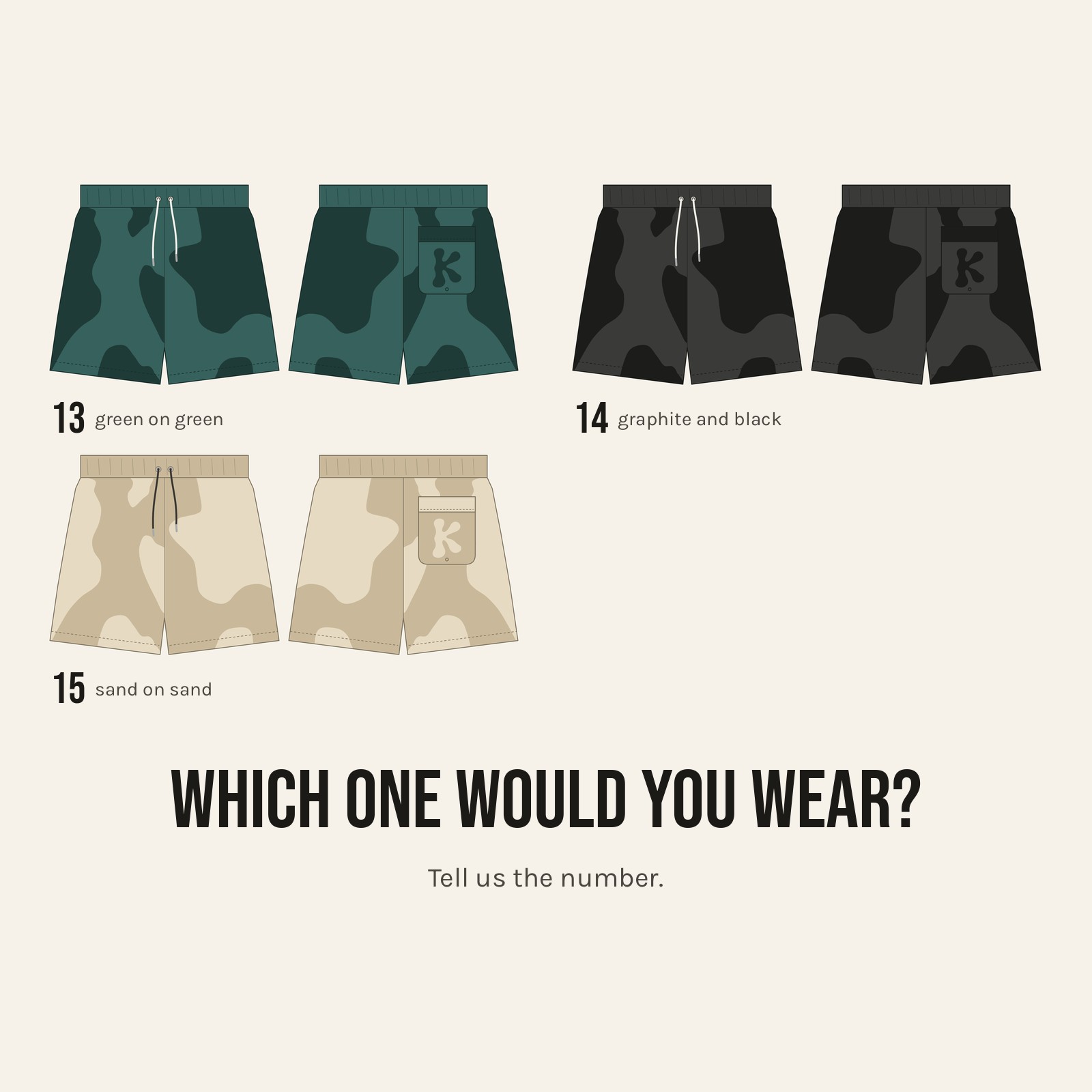 Colours 13 to 15, each shown front and back, and the question which one would you wear