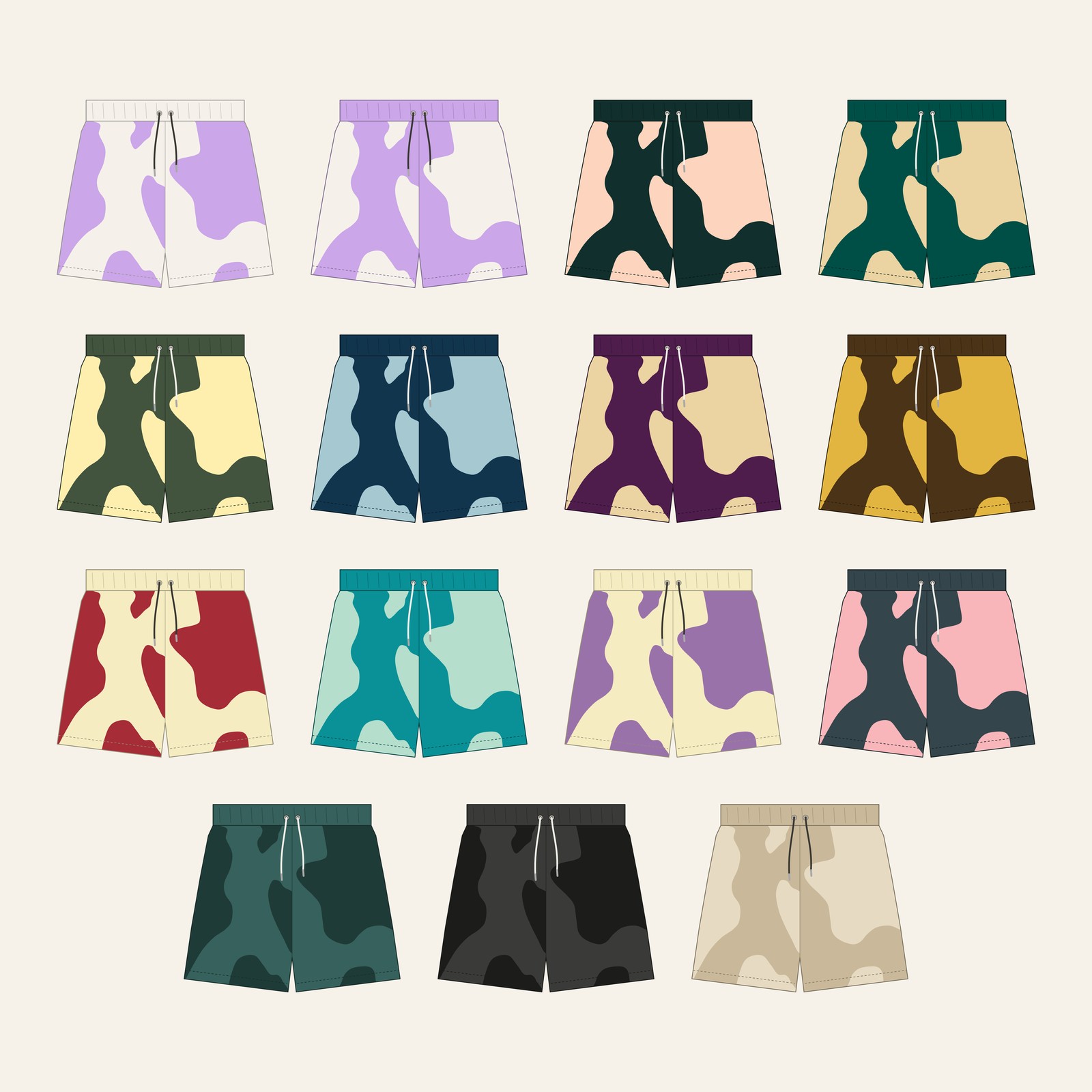 Draft 04: the same swim shorts in fifteen colour pairs, front view, side by side