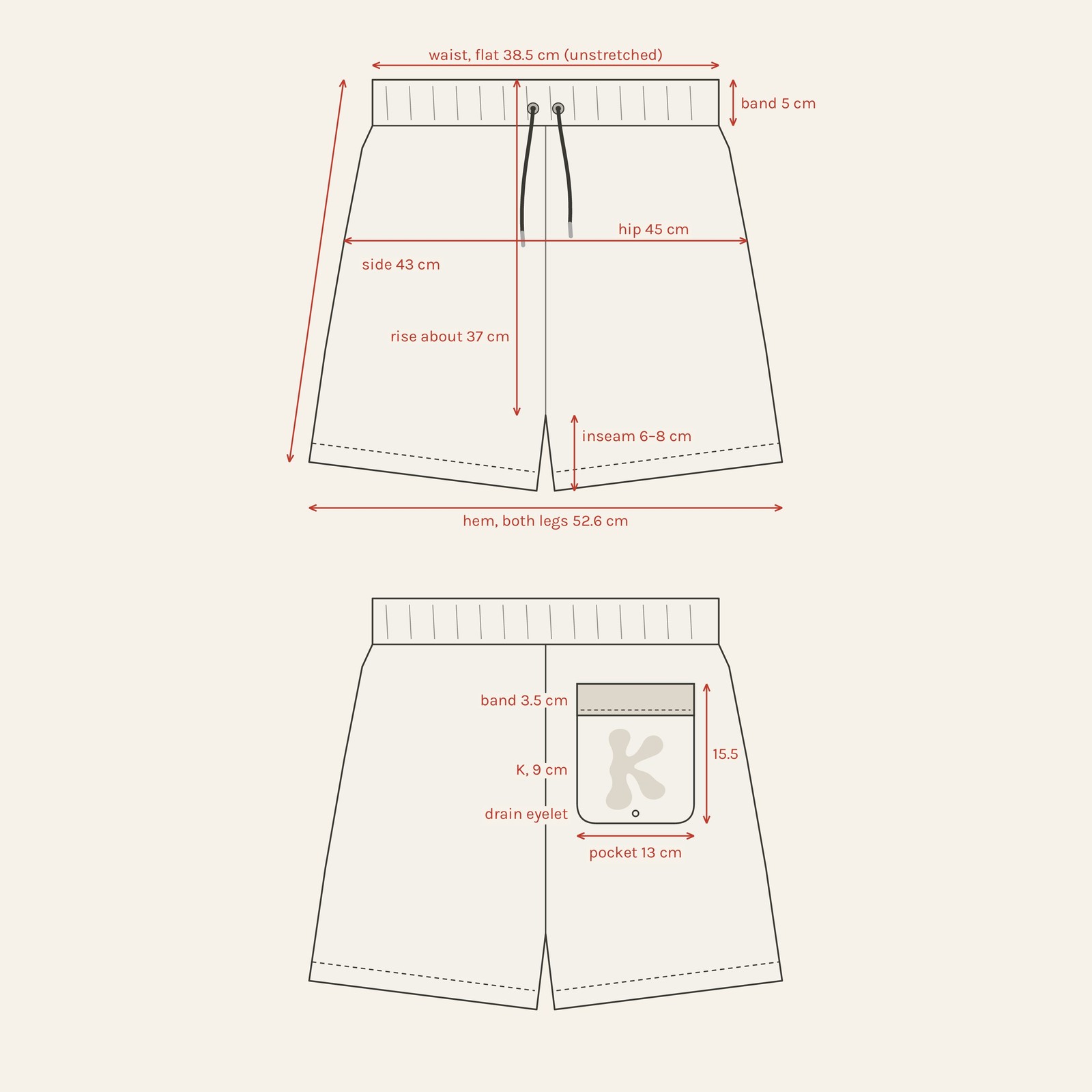 Line drawing of the shorts, front and back, with measurements for size M