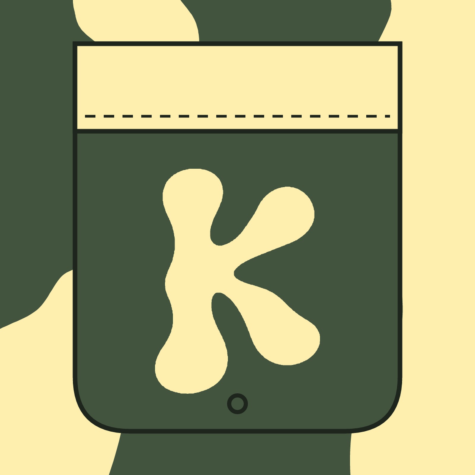Close-up of the back pocket, plain olive with a pale yellow band at the top, a puffy pale yellow K and a small eyelet at the bottom
