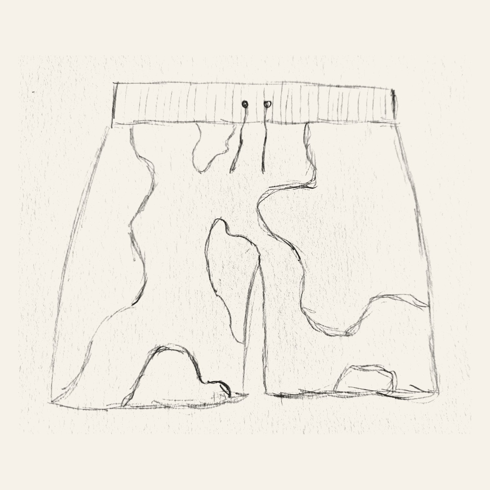 Pencil sketch on paper of shorts with a drawcord, covered in large wavy blobs