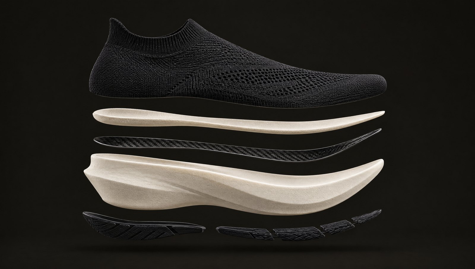 Exploded side view of a racing shoe with its five layers floating above each other: black knit upper, thin cream insole, curved carbon-fibre plate, thick off-white foam midsole curving up at the toe, and black rubber outsole pieces